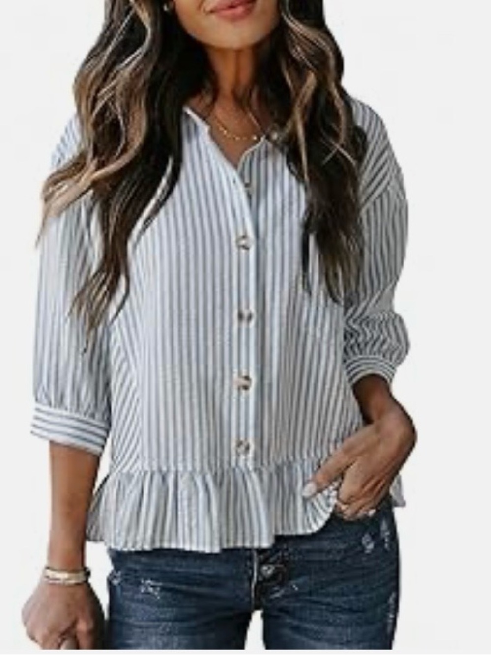 Blue Striped Ruffle-Hem Button Front Top